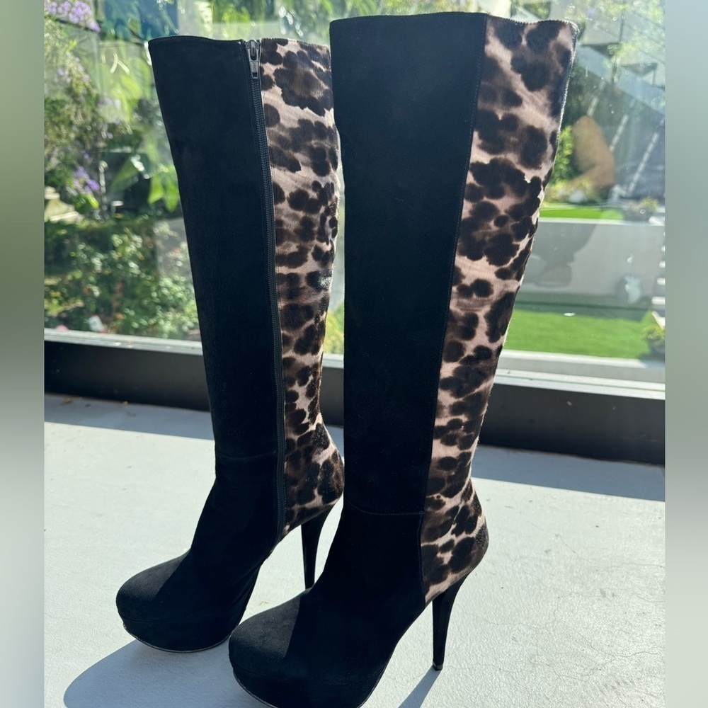 Stuart Weitzman Suede & Calf Hair Leopard Black Tall  Knee High boots size 6 NWT
